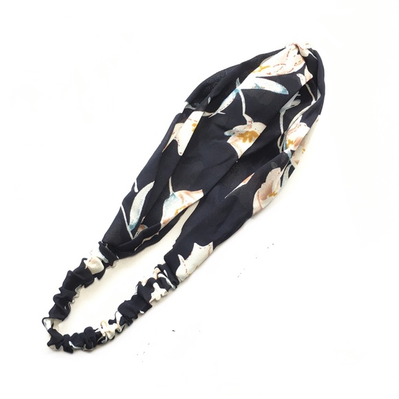 Dark Blue Floral Print Boho Twist Headband - Picture 2 of 8